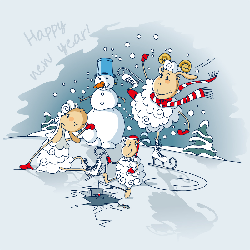 Cute sheep and snowman vector material
