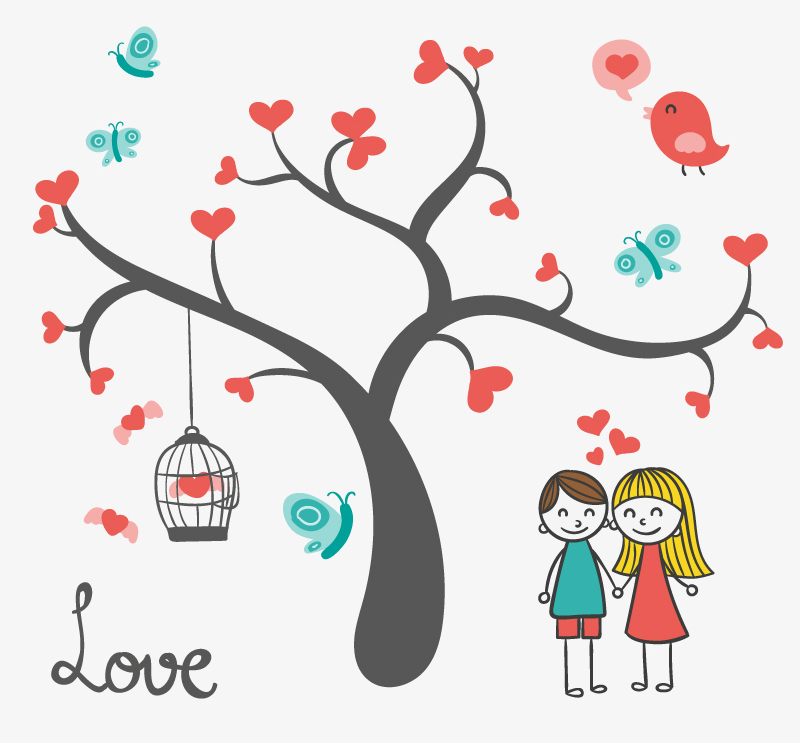 Giving Tree with cartoon couple vector material

