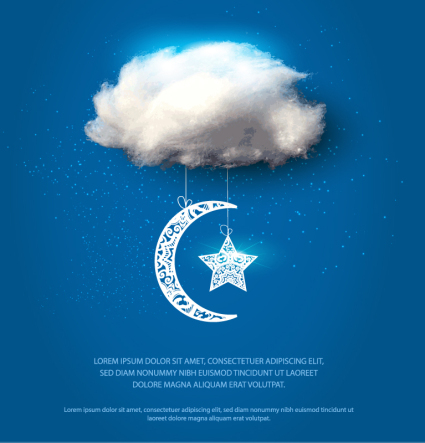 Cotton clouds and the moon and stars vector material
