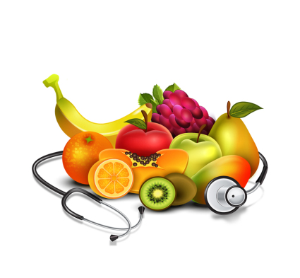 Fresh fruits and vector material stethoscope
