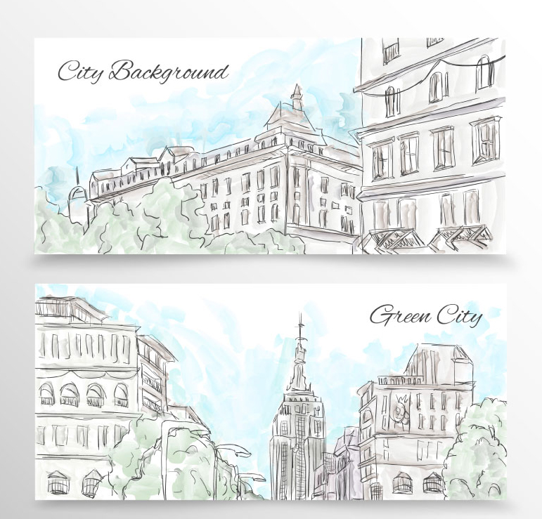 Two water Painted city banner vector