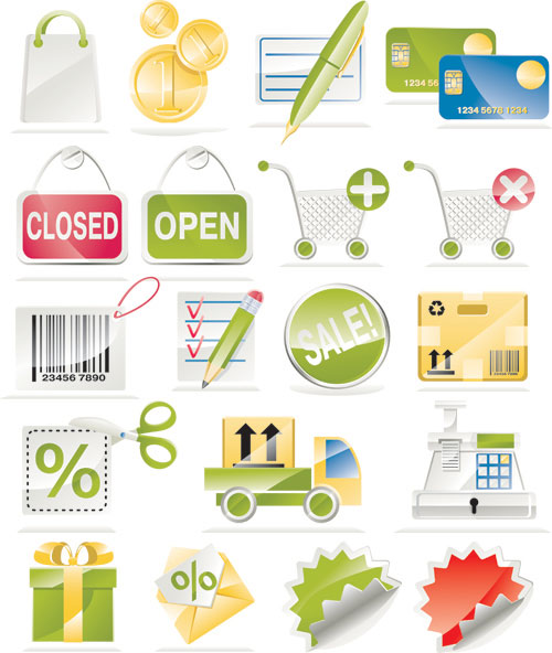 Pens, bank cards, credit cards, closed open, bar codes, cash register Vector