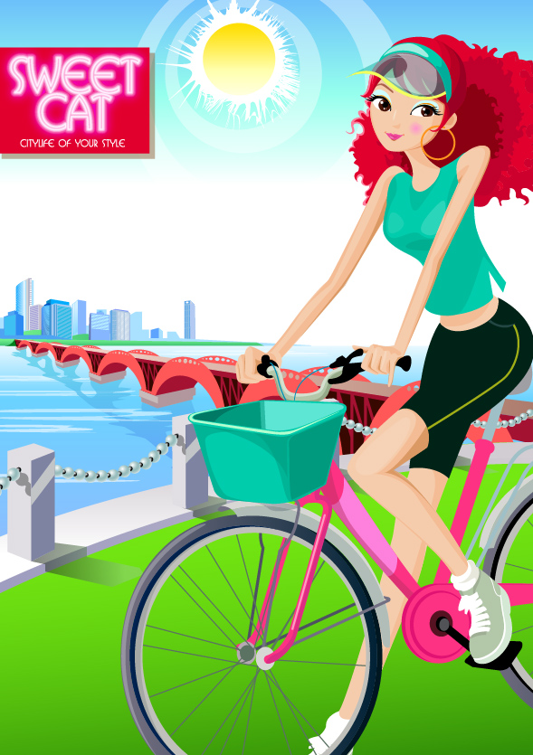 cartoon girl riding a bike