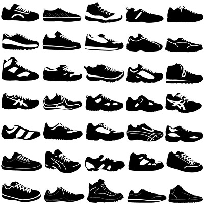 Variety of black and white sports shoes